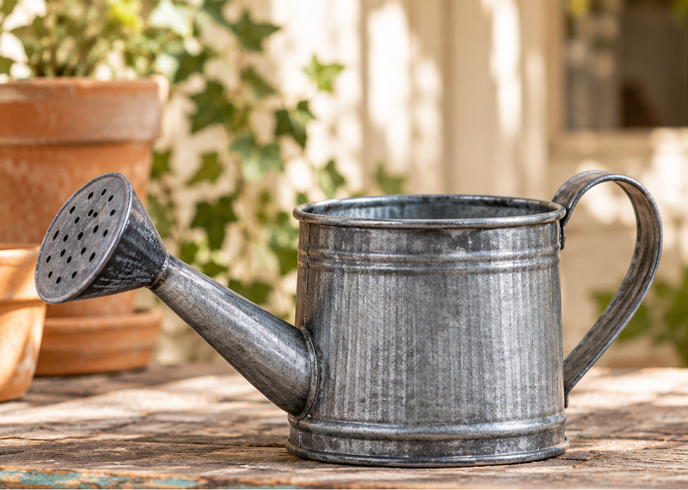 Mini gray metal watering can with textured finish on a wooden garden table beside potted plants