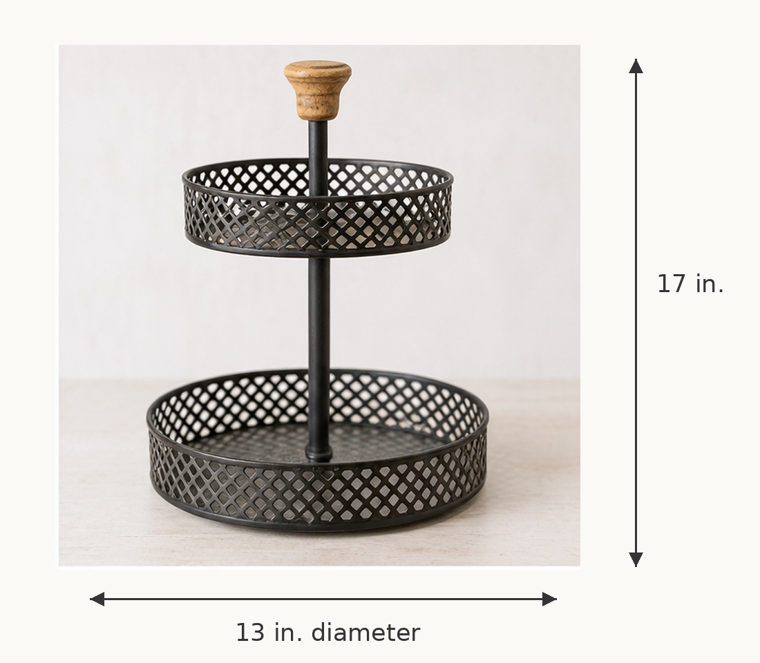 Two-tier black metal display stand measuring 13 inches in diameter and 17 inches high