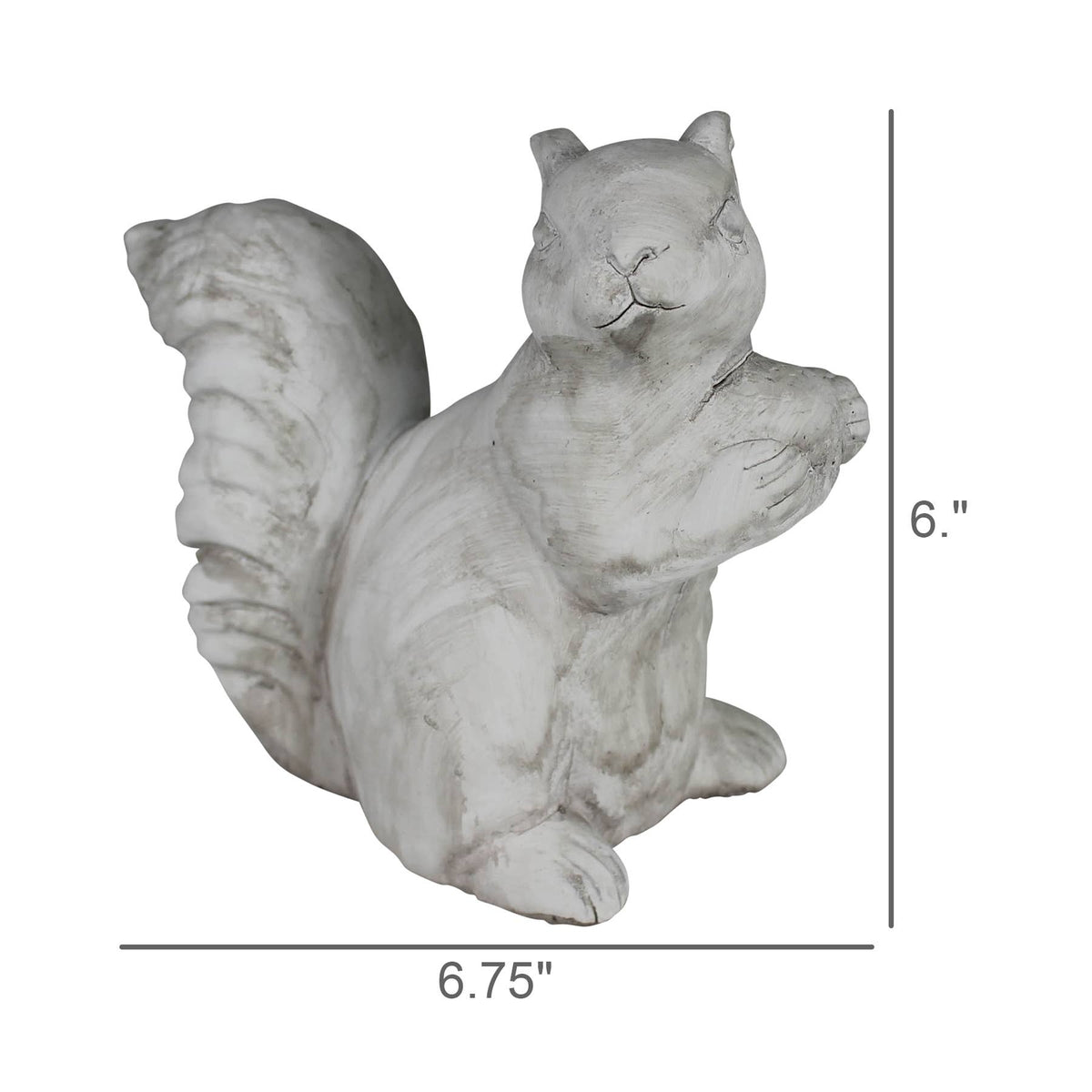 Gray cement standing squirrel statue with dimensions marked 6.75 inches long and 6 inches tall