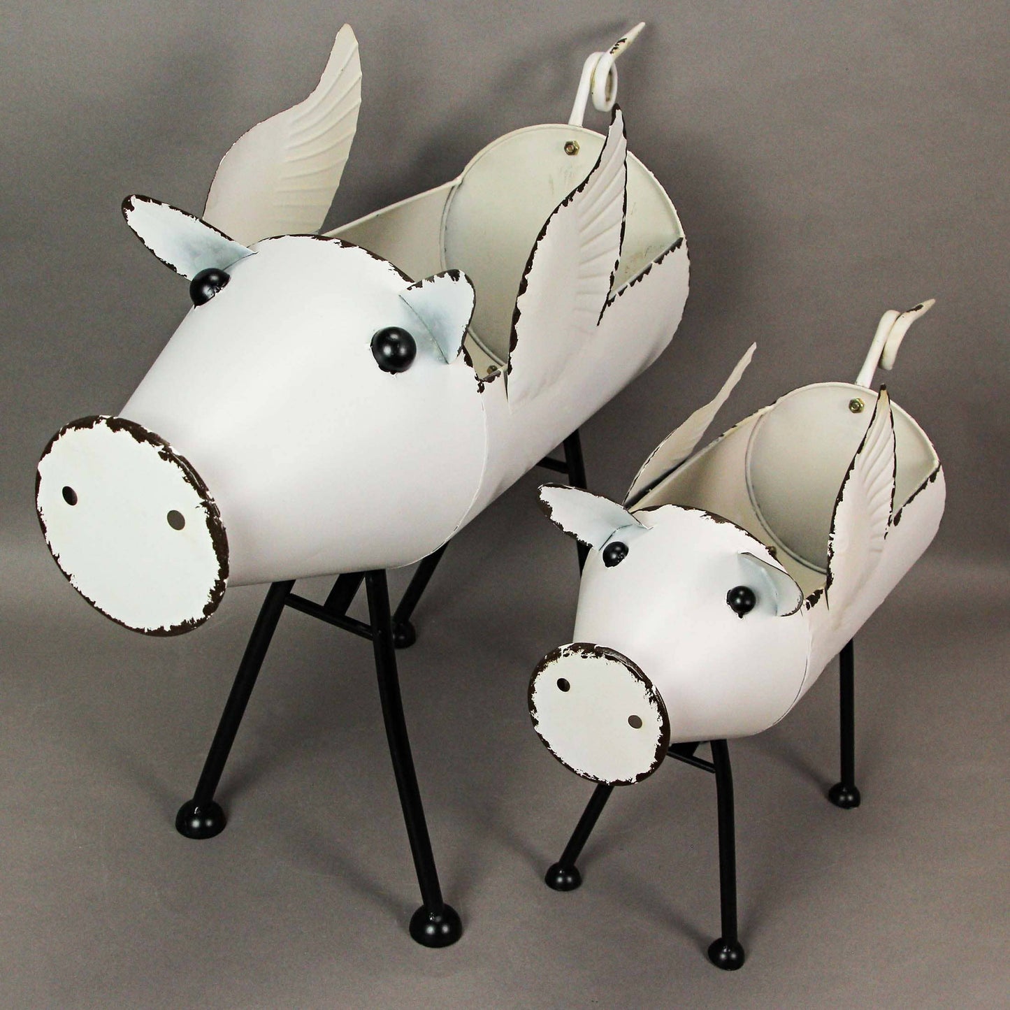White Galvanized Metal Flying Pig Standing Planters (Set of 2)