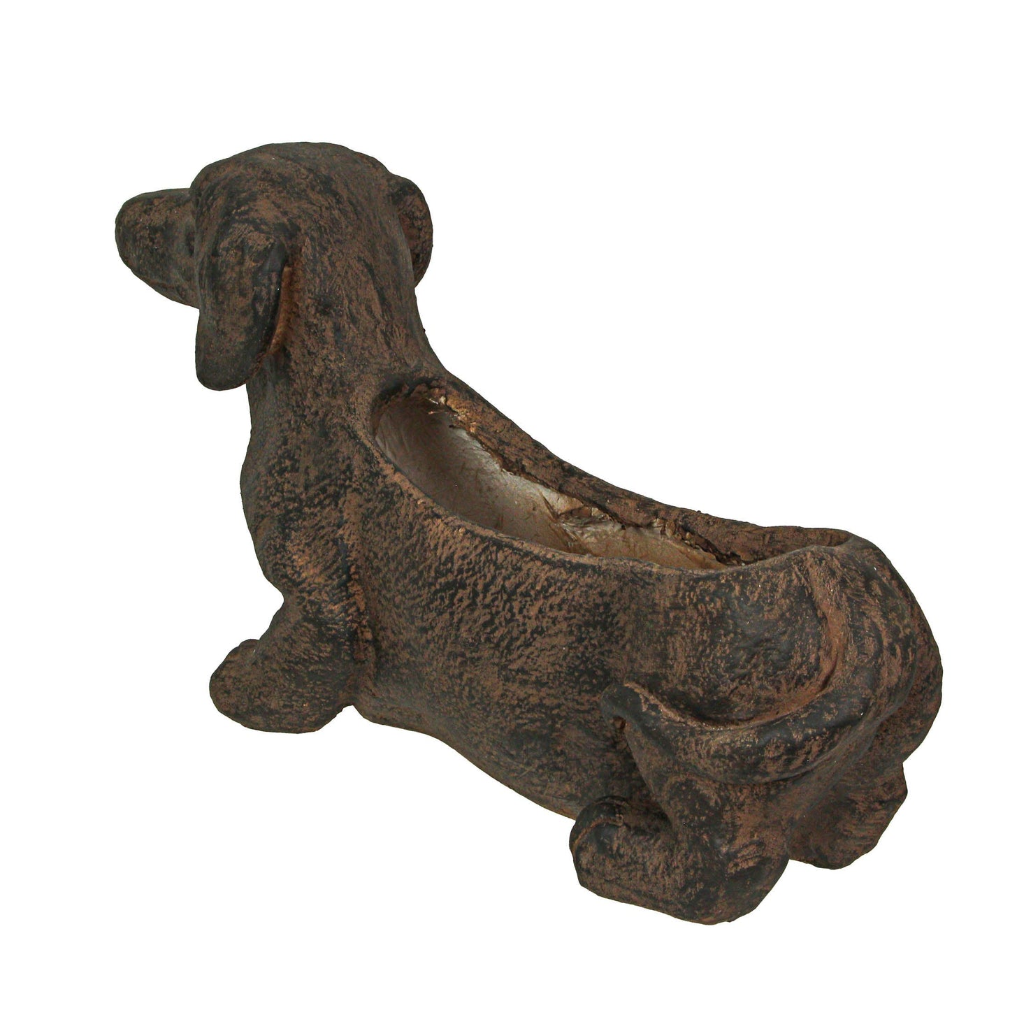 Rustic brown stone-finish dachshund dog planter in durable resin with drainage hole, white background back view