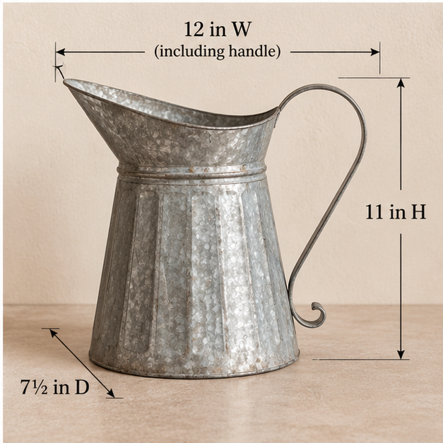 Galvanized metal milk pitcher measuring 12 inches wide including the handle, 7½ inches deep, and 11 inches high