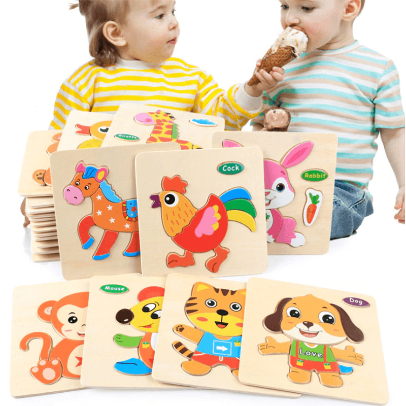 Wooden 3D Animal Puzzle for Toddlers — Montessori Educational Brain Teaser - Multiple Designs
