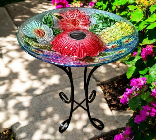 Solar Powered Glass Bird Bath with Metal Stand (Colorful Flowers)