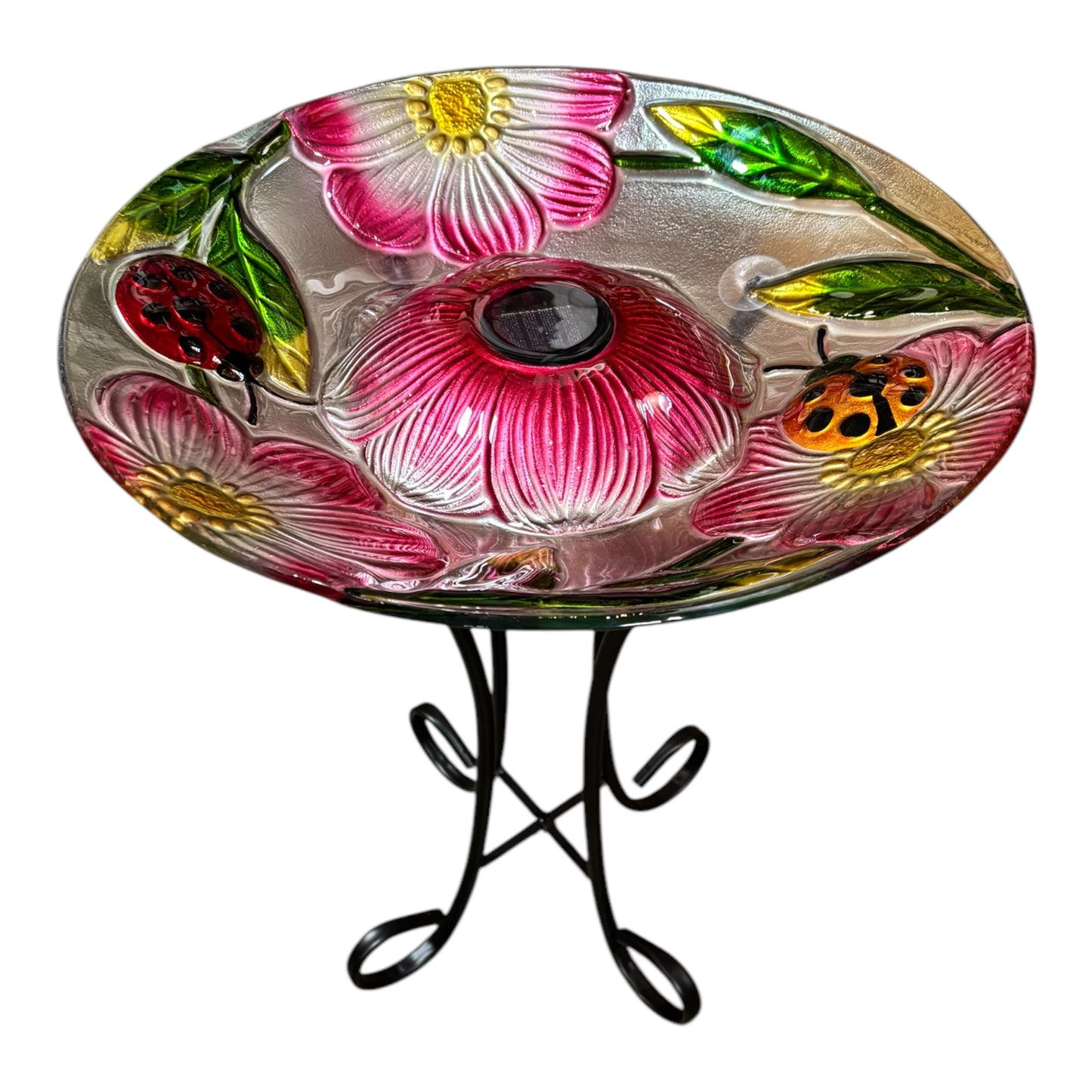 Solar Powered Glass Bird Bath with Metal Stand (Lady Bugs)
