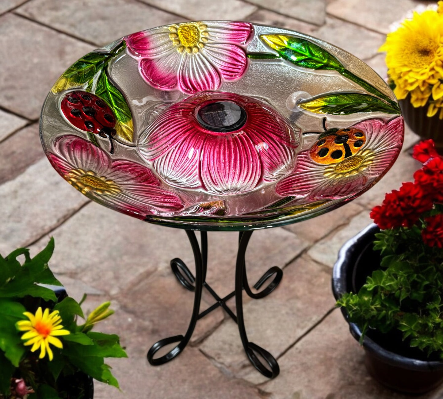 Solar Powered Glass Bird Bath with Metal Stand (Lady Bugs)
