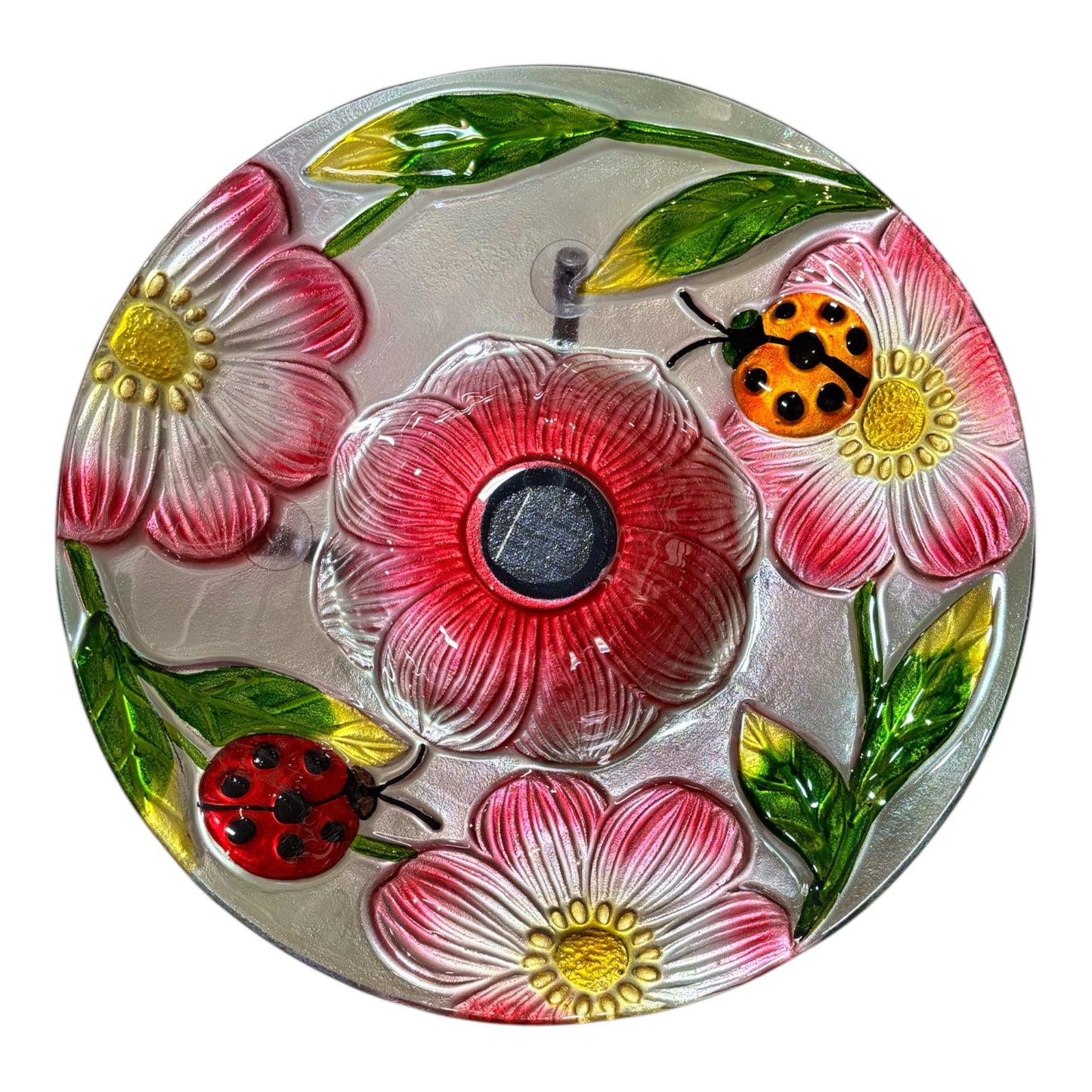 Solar Powered Glass Bird Bath with Metal Stand (Lady Bugs)