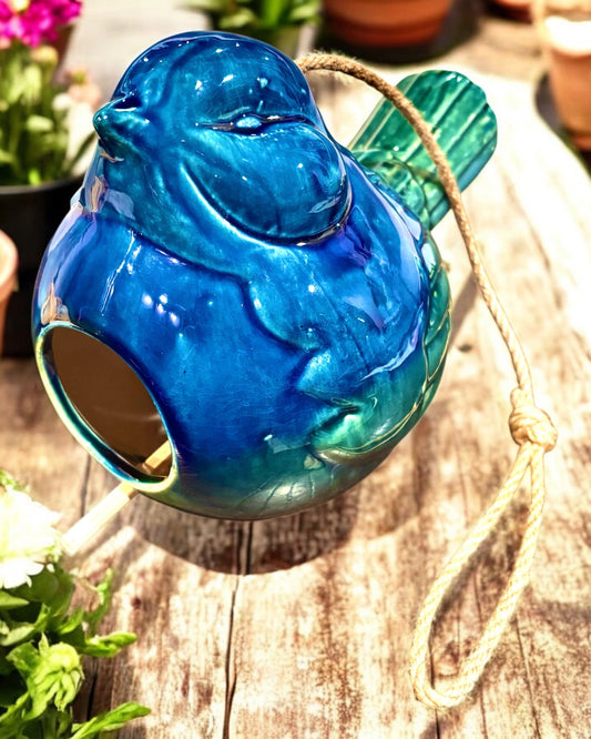 Glazed Pottery Birdie Birdhouse (Blue)