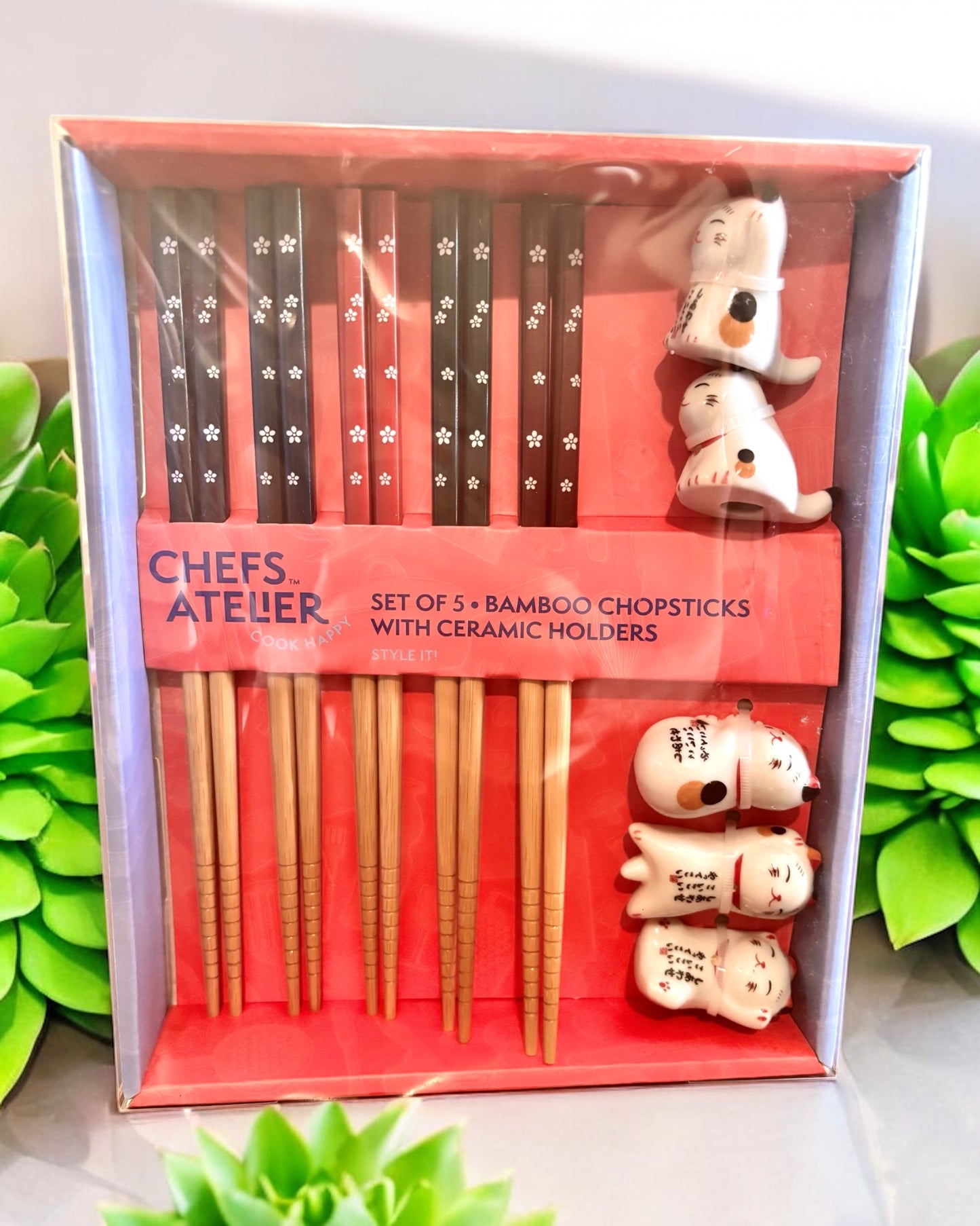 Bamboo Chopsticks with Ceramic Cat Holders (set of 5)