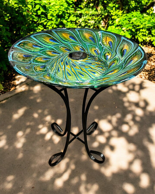 Solar Powered Glass Bird Bath with Metal Stand (Peacock Feathers)
