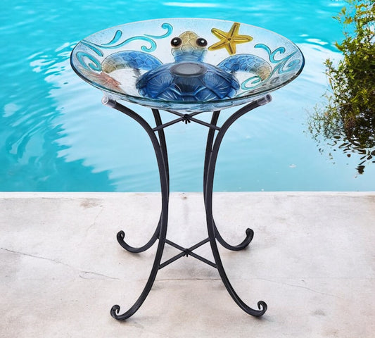 Solar Powered Glass Bird Bath with Metal Stand (Sea Turtle)