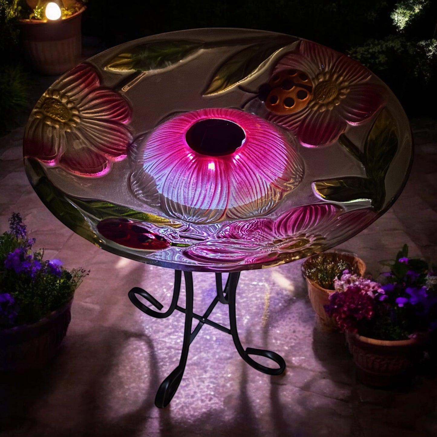 Solar Powered Glass Bird Bath with Metal Stand (Lady Bugs)