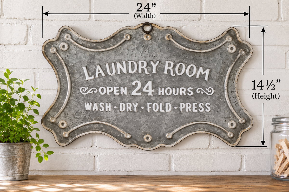 Metal Laundry Room sign on a white brick wall with measurement arrows indicating 24 inches wide and 14½ inches high