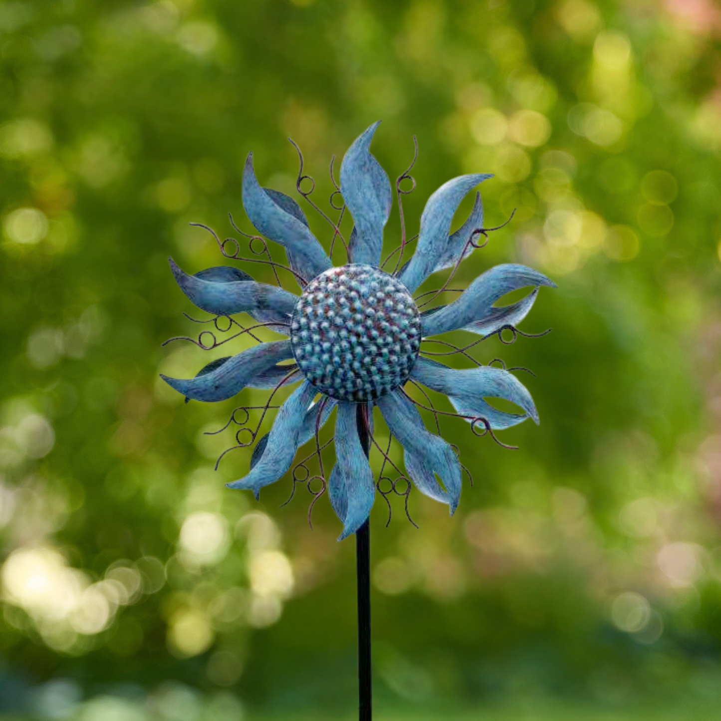 Blue and bronze coneflower kinetic wind spinner in warm cottage garden setting with golden hour light and wildflowers (generated lifestyle image)