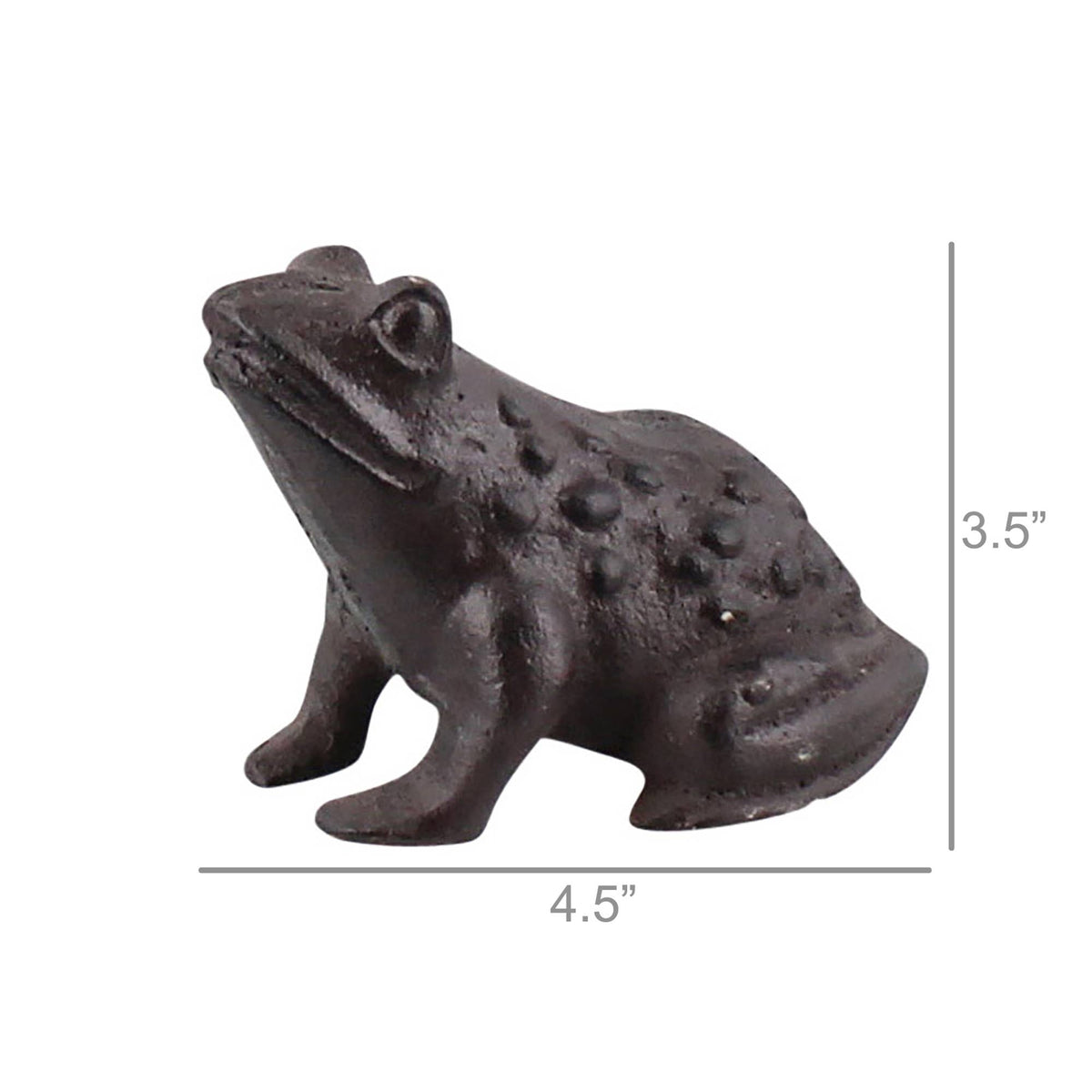 Cast iron frog figurine with dimensions marked 4.5 inches across and 3.5 inches