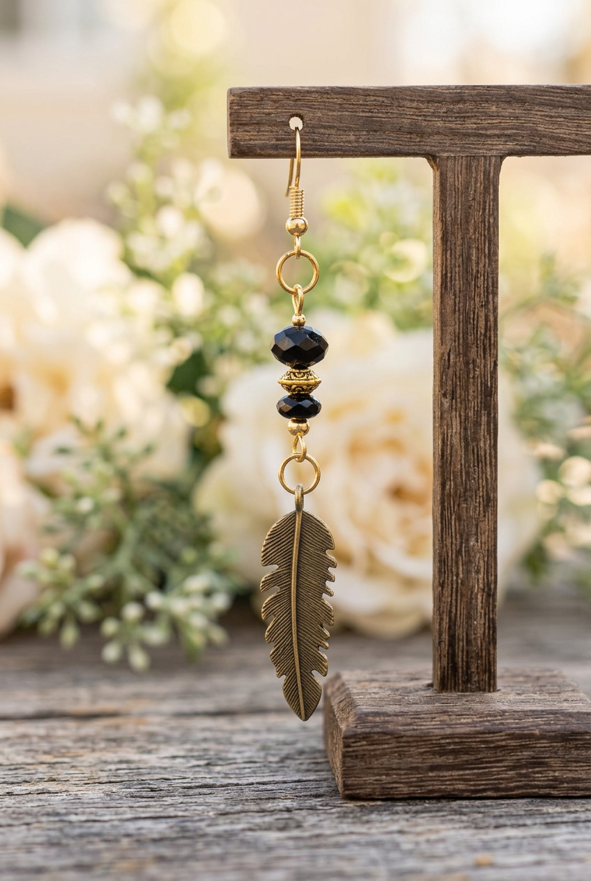 Antiqued feather earring with two faceted black beads and gold accents hanging from a rustic wooden jewelry stand