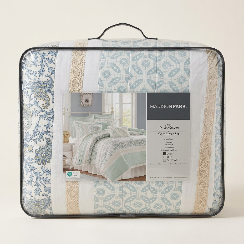 Madison Park Dawn nine-piece Queen comforter set folded inside its clear zippered carrying case with the original product insert.
