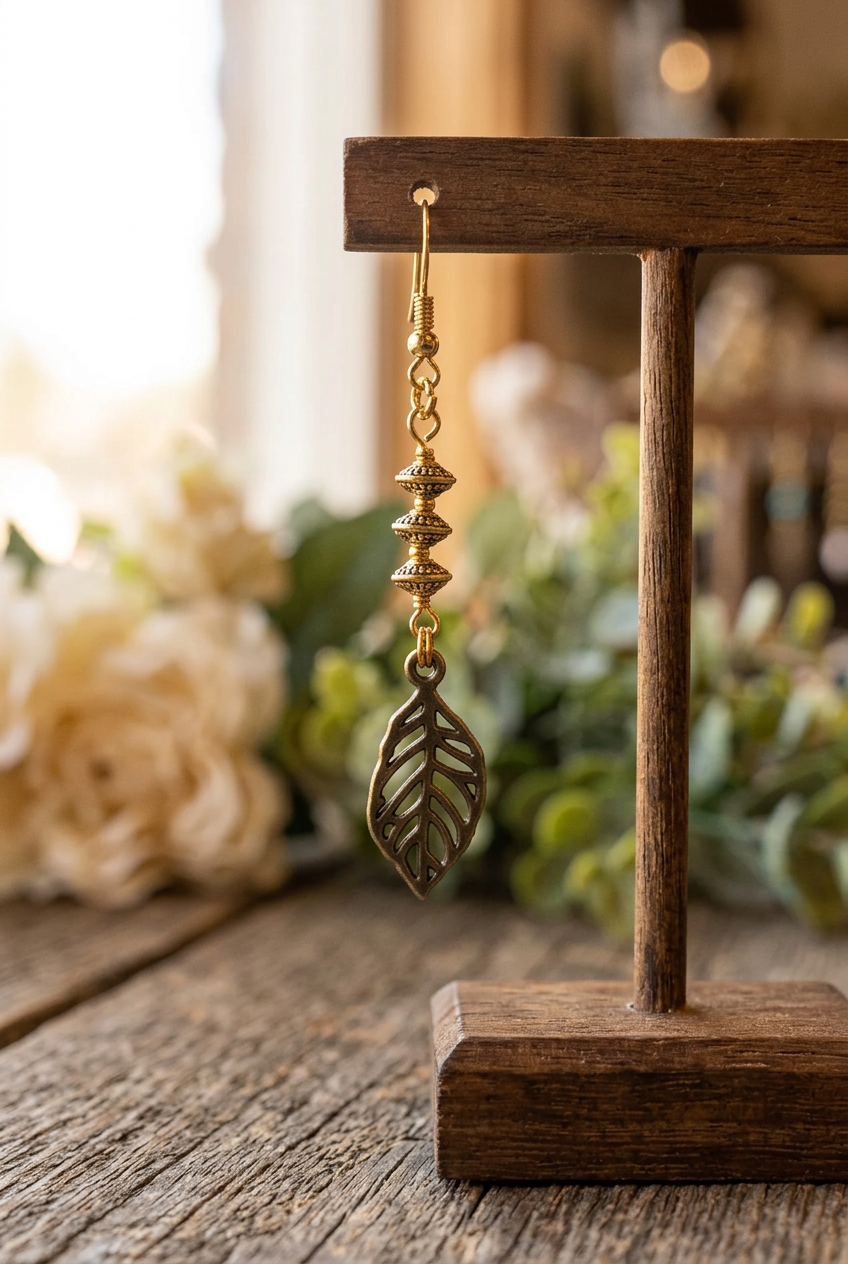 Antiqued openwork leaf earring with three decorative gold beads hanging from a rustic wooden jewelry stand