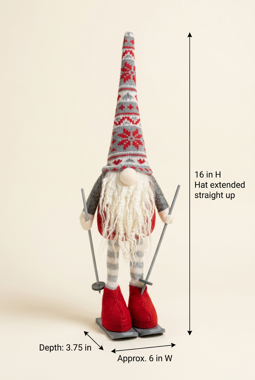 Skiing Gnome – Red & Gray Knit Hat with Skis & Poles