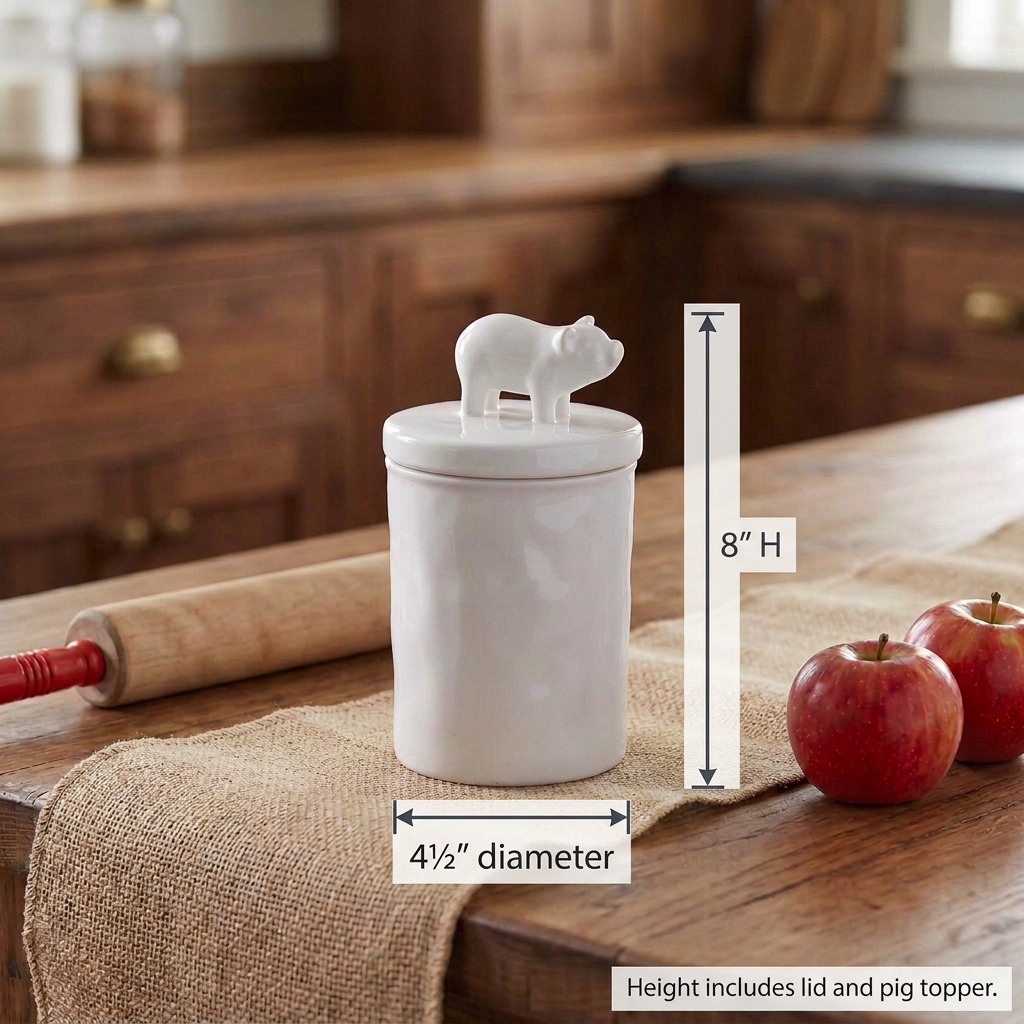 Small white ceramic Piglet Canister measuring 4½ inches in diameter and 8 inches high, including the lid and pig topper