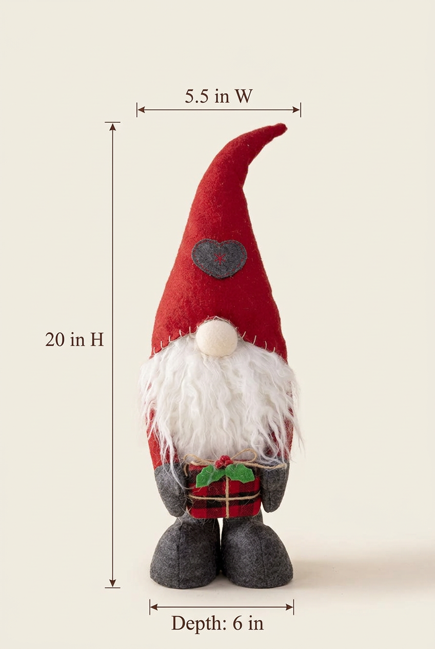 Standing gift gnome with measurements indicating 20 inches tall, 5.5 inches wide, and 6 inches deep.