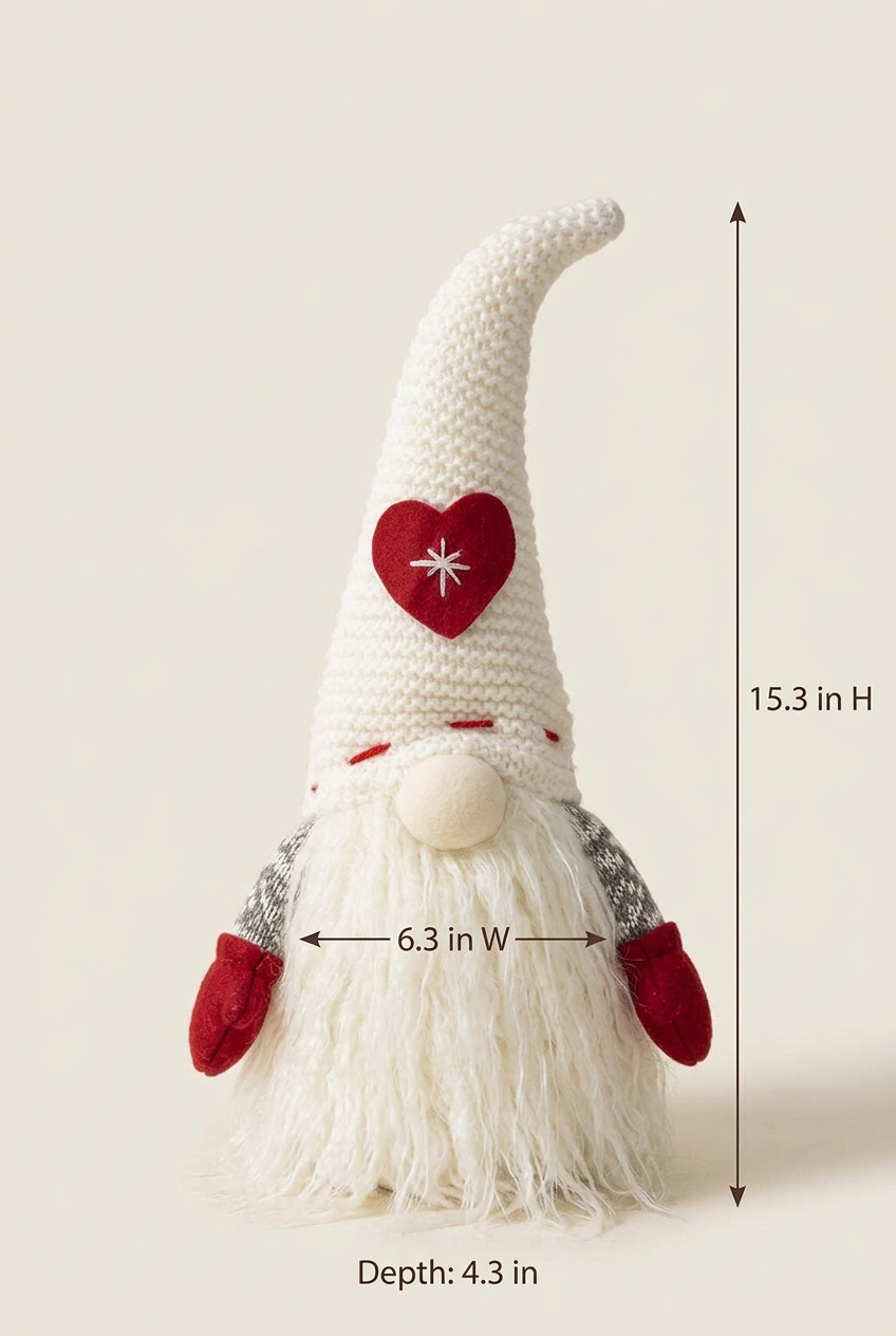 White Heart Christmas gnome with measurements indicating 15.3 inches tall, 6.3 inches wide, and 4.3 inches deep.