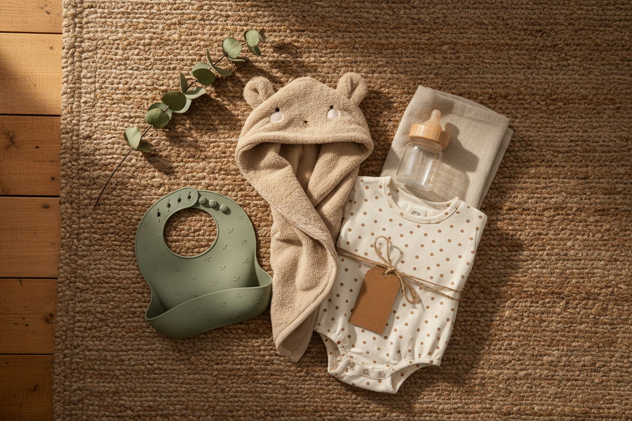 Curated eco-friendly baby shower gifts including organic cotton rompers, bamboo bibs, BPA-free feeding sets, and natural baby essentials by GoodStuff Co