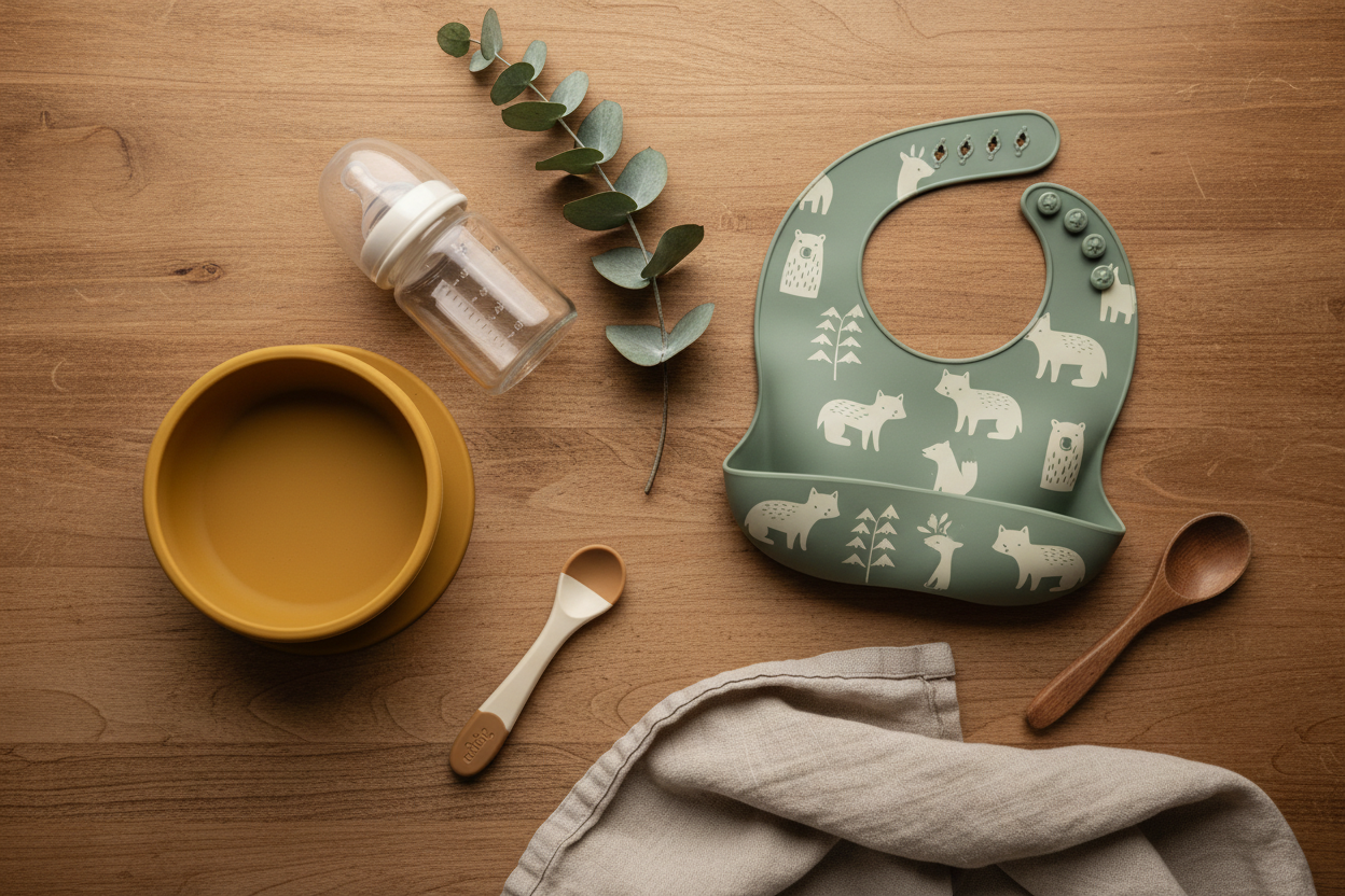 Baby feeding and mealtime essentials including BPA-free suction bowls, silicone bibs, glass bottles, and eco-friendly utensils by GoodStuff Co