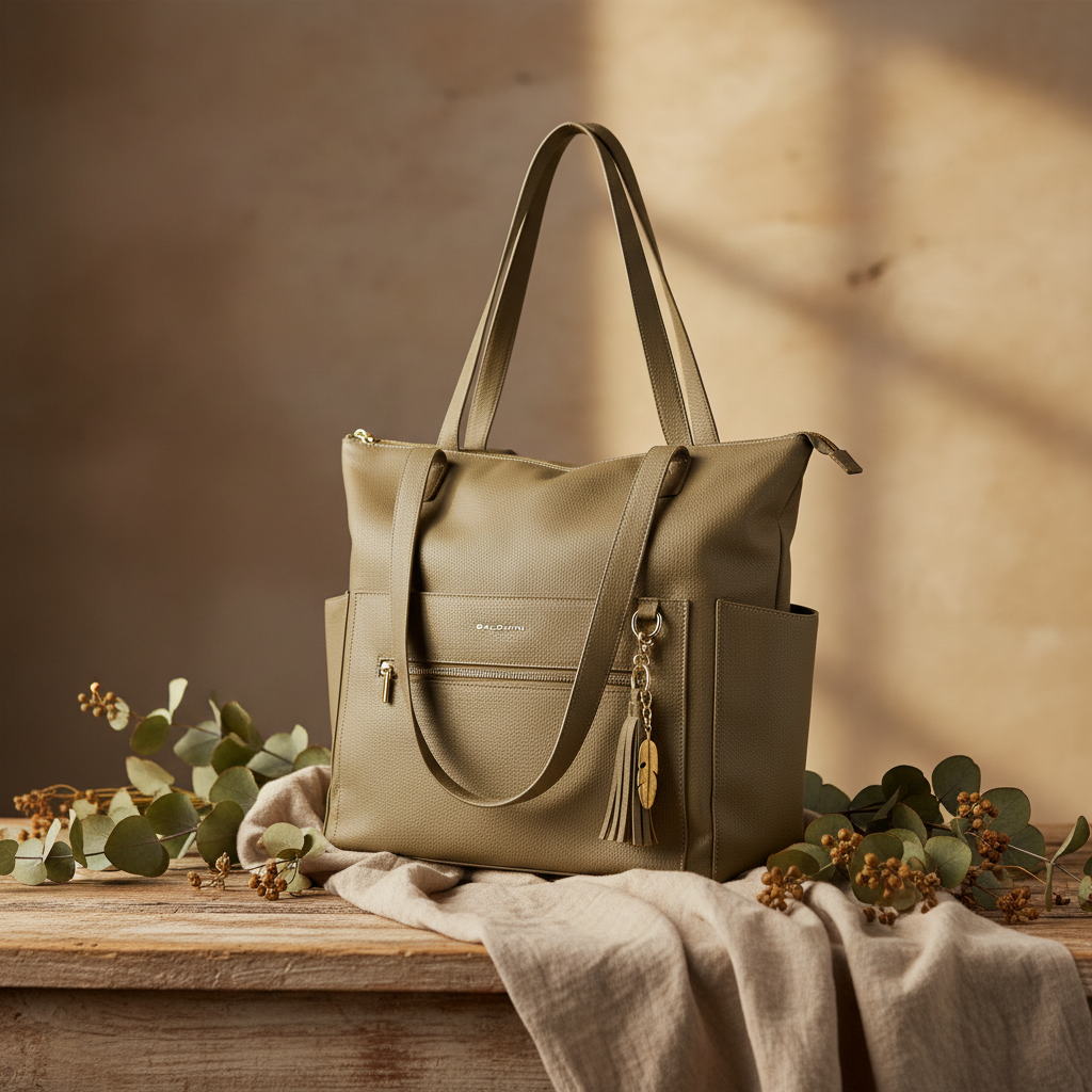 The Lillian Diaper Bag in Driftwood on a warm rustic natural wood surface with soft linen and dried botanicals