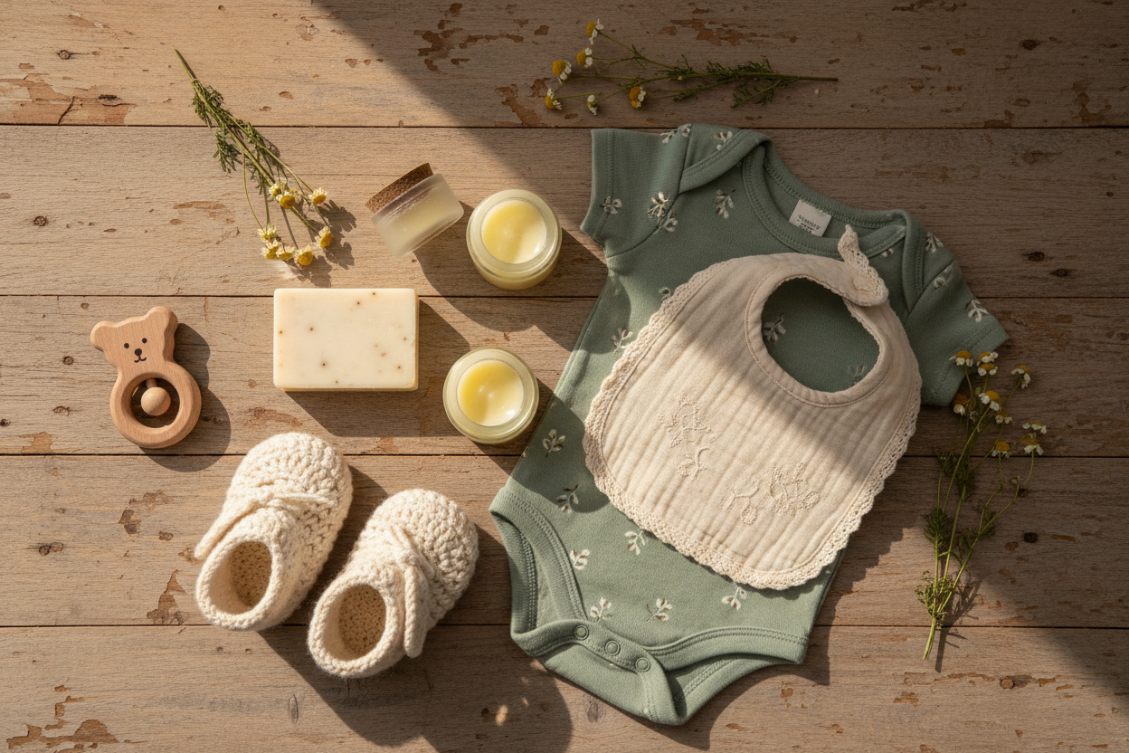 Eco-friendly baby products collection featuring organic clothing, bamboo feeding essentials, Montessori toys, and natural skincare by GoodStuff Co
