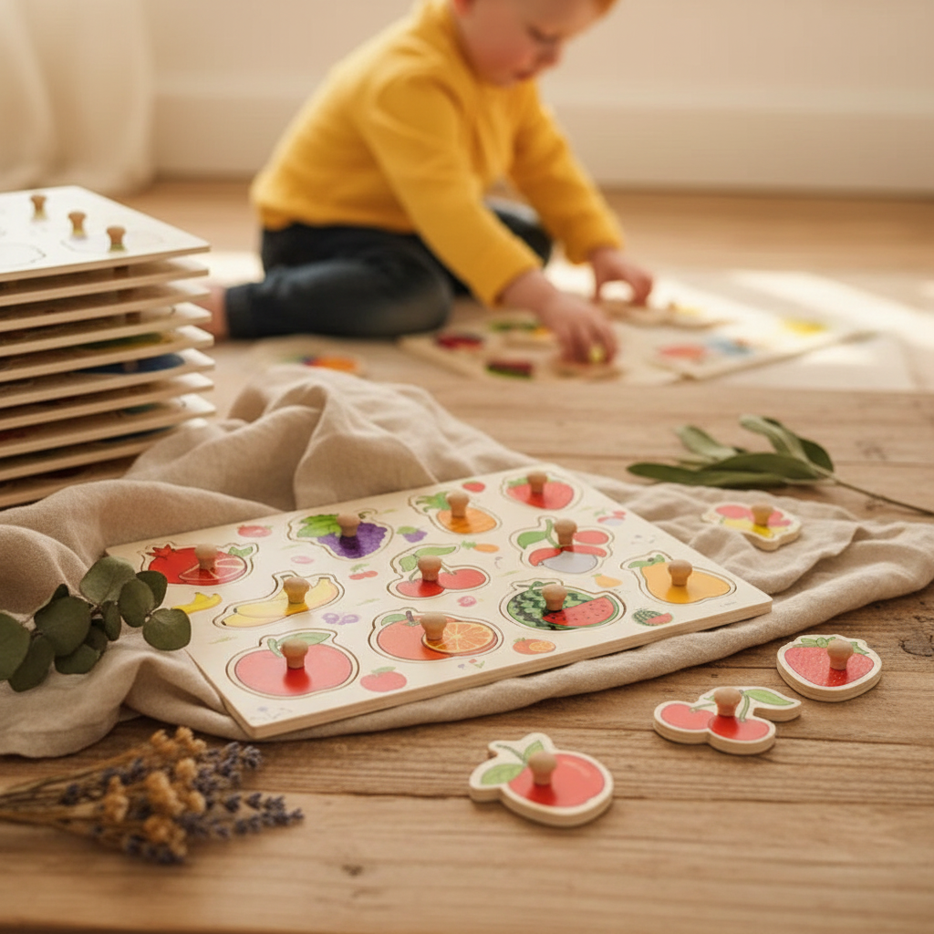 Baby play and development toys including Montessori wooden puzzles, silicone teethers, play mats, and educational toys by GoodStuff Co