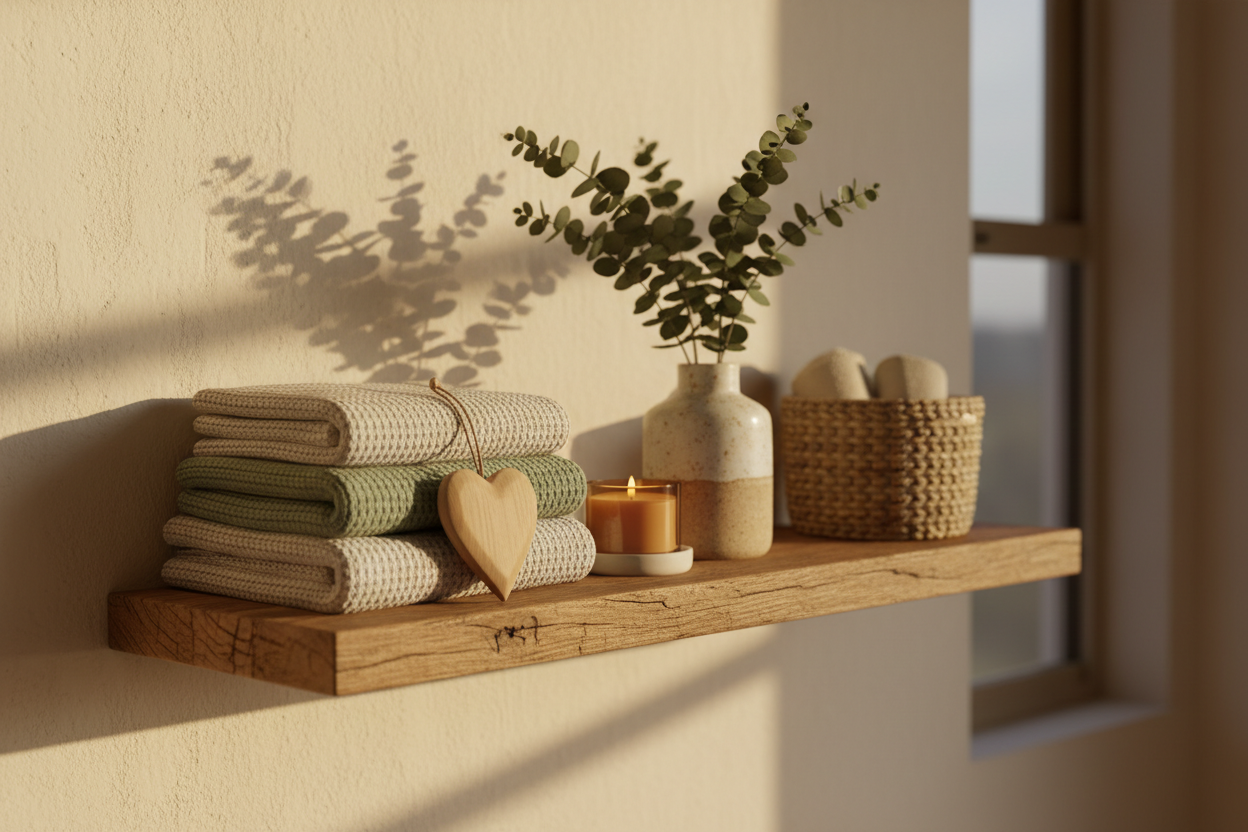 Curated staff favorites display featuring cozy knitted blankets, candles, and earthy home accents on a rustic wooden shelf by GoodStuff Co