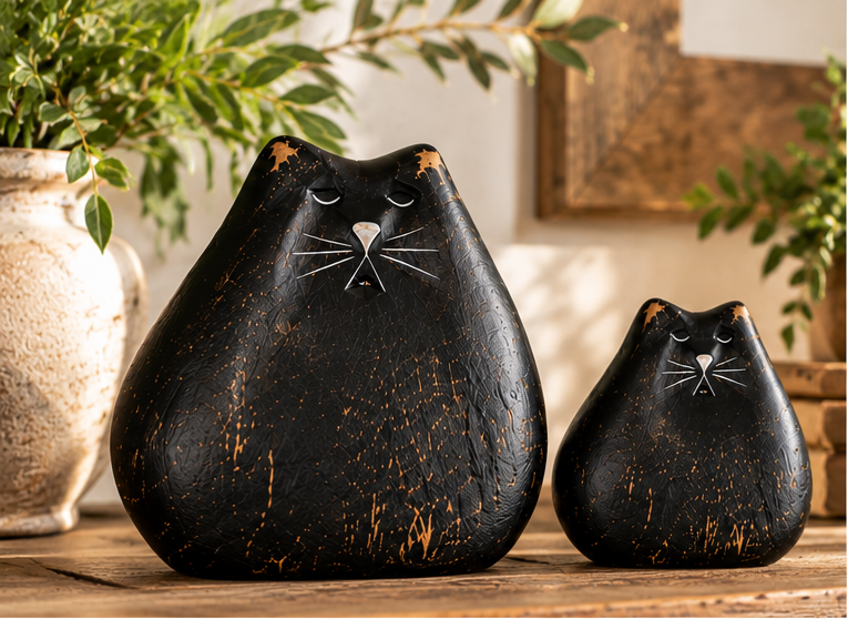 Large and small black wooden cat figurines with distressed finishes displayed together on a rustic tabletop