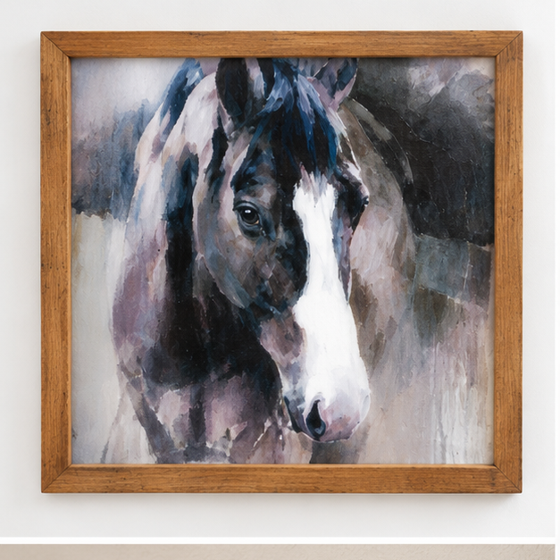 Square Farm Horse wall art with a warm wood frame and dark horse portrait against a light background