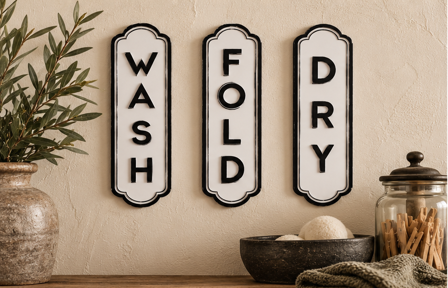 Set of three black-and-white Wash, Fold, and Dry metal laundry signs displayed on a cream wall above a rustic wood surface