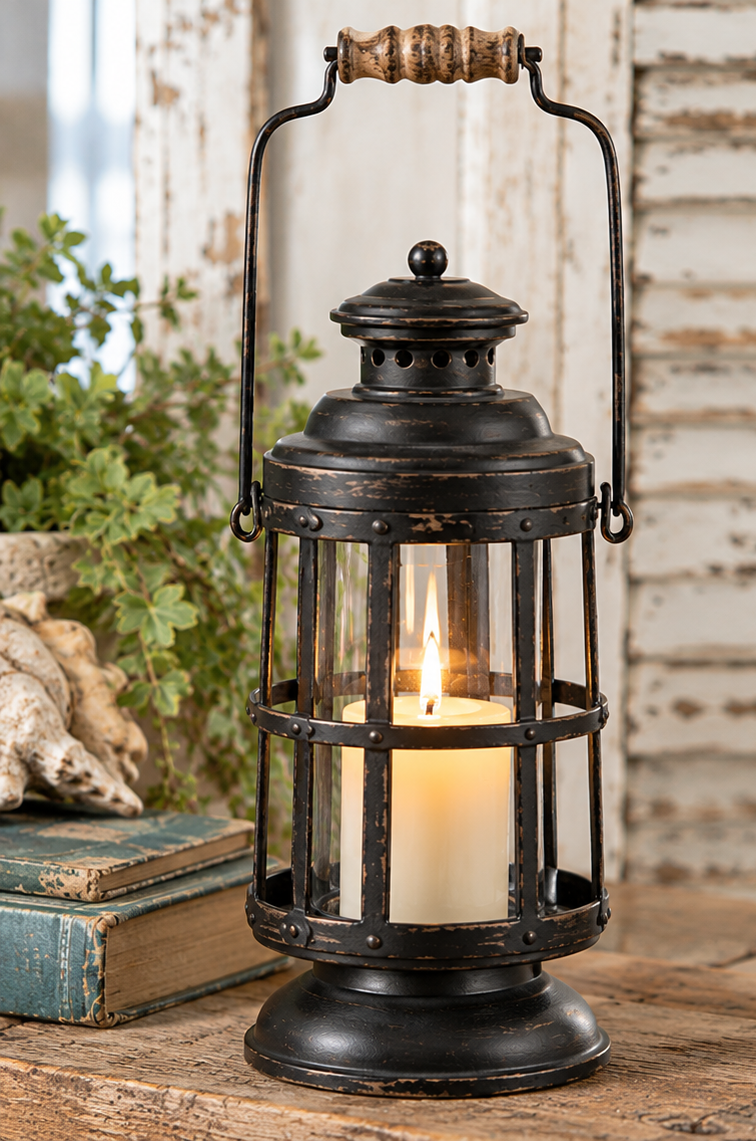 Curtis Island candle lantern with distressed black finish, wooden handle, and glowing candle on a rustic wooden table