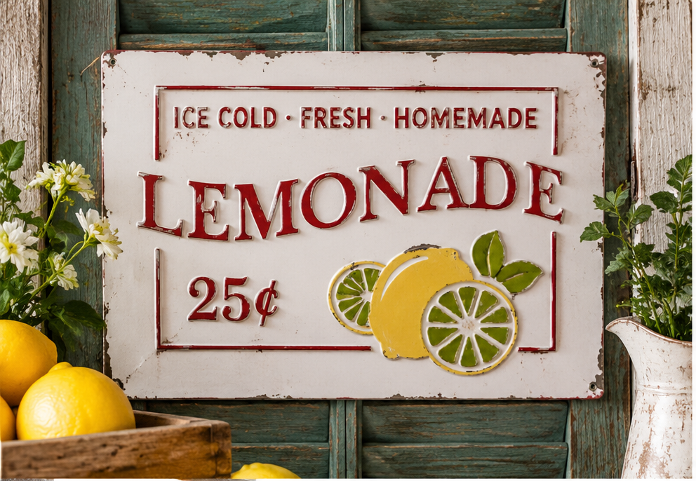 Vintage-style Lemonade metal wall sign with raised red lettering and lemon design, styled against green shutters with lemons and flowers