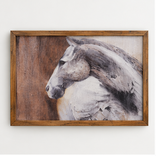 Peering Horse canvas wall art with a gray horse looking over its shoulder in a rustic wood-toned frame