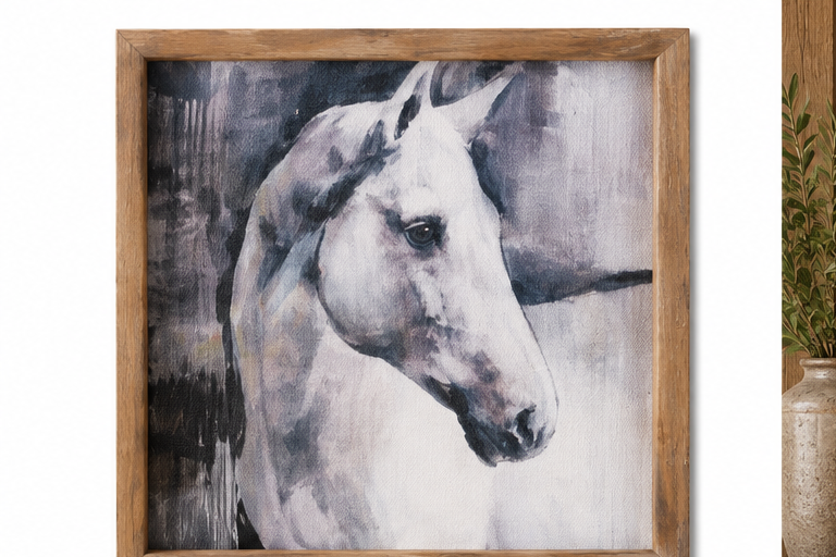 Square White Stallion wall art with a white horse portrait and warm wood frame against a light background