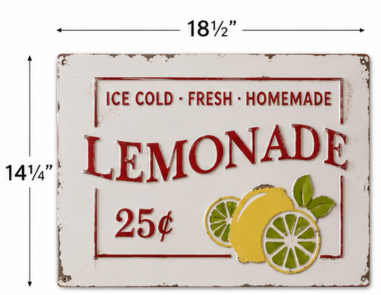 Lemonade metal wall sign measuring 18½ inches wide and 14¼ inches high
