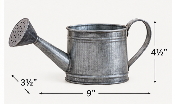 Mini watering can measuring 9 inches wide, 3½ inches deep, and 4½ inches high