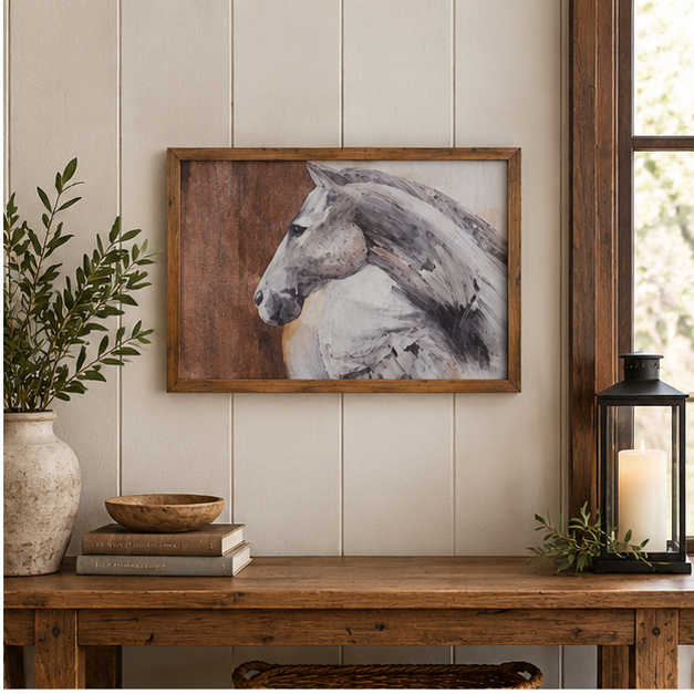Framed gray horse canvas print displayed above a rustic console table beside greenery and a candle lantern