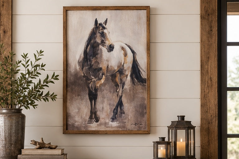 Framed standing horse canvas wall art displayed on a cream paneled wall beside greenery and candle lanterns