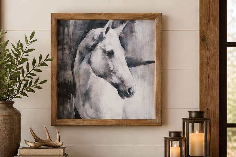 White Stallion horse portrait in a wood frame displayed on a cream paneled wall beside greenery and candle lanterns
