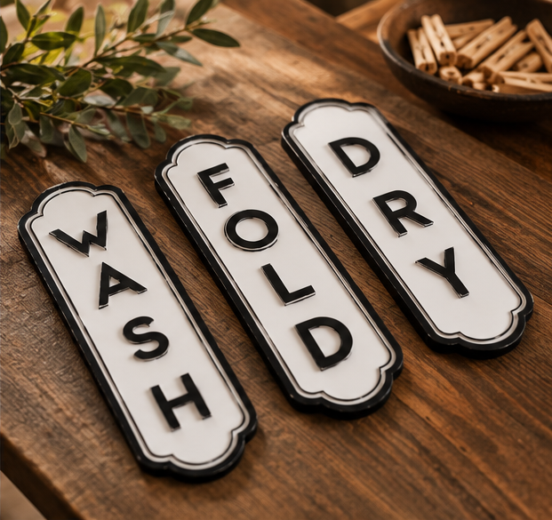 Wash, Fold, and Dry metal laundry signs arranged on a wooden tabletop with black lettering and decorative curved borders