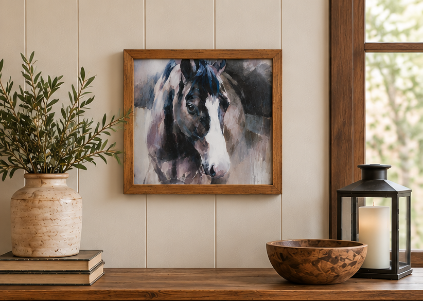 Wood-framed horse portrait with a white facial blaze, displayed above a rustic console table beside greenery and a candle lantern