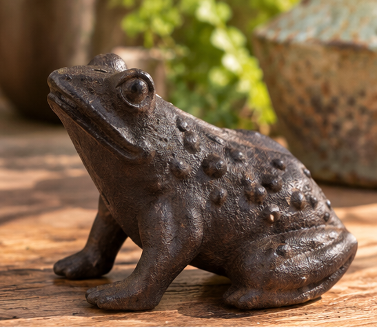 Side view of brown cast iron frog figurine with raised eyes and a textured back on a wooden tabletop