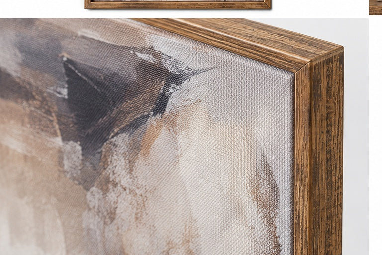 Close-up of the standing horse canvas print’s woven texture and rustic frame corner