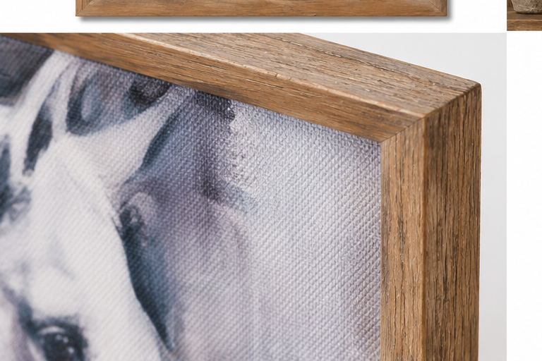 Close-up of the White Stallion wall art’s textured surface and wood frame corner