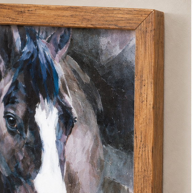 Close-up of the Farm Horse wall art’s wood grain frame and mitered corner beside the horse portrait